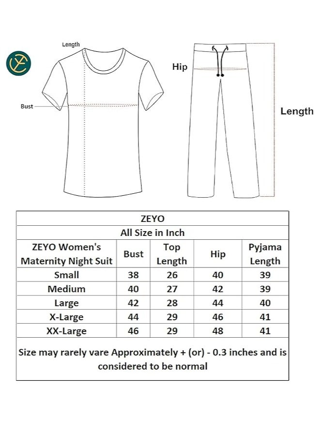 ZEYO Women's Cotton Heart Printed Maternity & Feeding Relaxed Night Suit Set Of Top & Pyjama Nursing Night Dress 5327