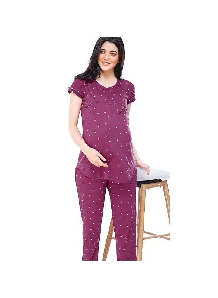 ZEYO Women's Cotton Heart Printed Maternity & Feeding Relaxed Night Suit Set Of Top & Pyjama Nursing Night Dress 5327