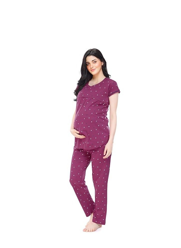 ZEYO Women's Cotton Heart Printed Maternity & Feeding Relaxed Night Suit Set Of Top & Pyjama Nursing Night Dress 5327