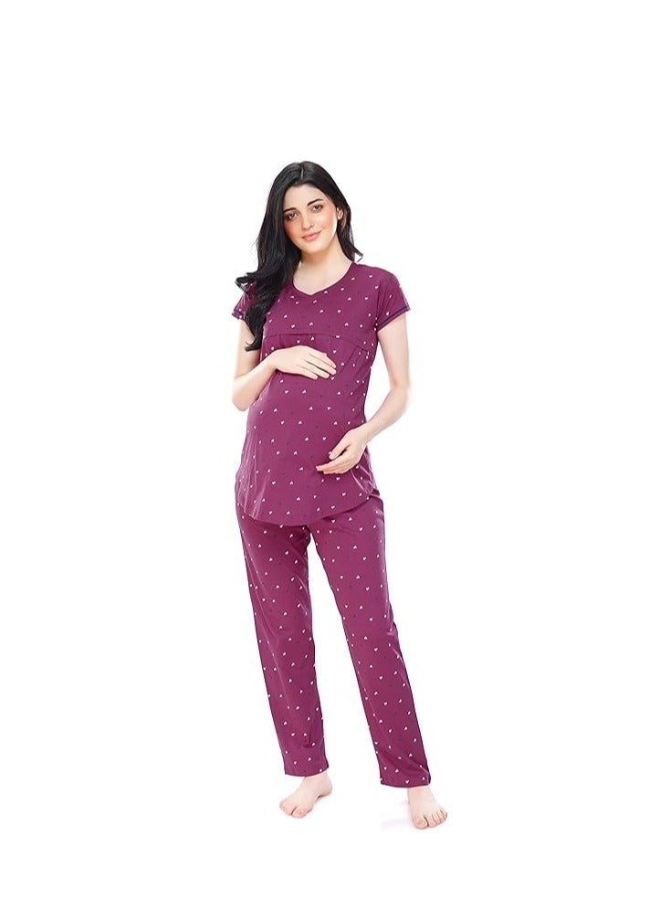 ZEYO Women's Cotton Heart Printed Maternity & Feeding Relaxed Night Suit Set Of Top & Pyjama Nursing Night Dress 5327