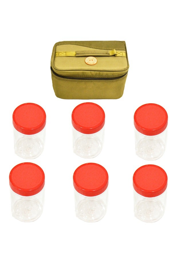 Set of six Plastic Bottles with Caps, and Carrying Case