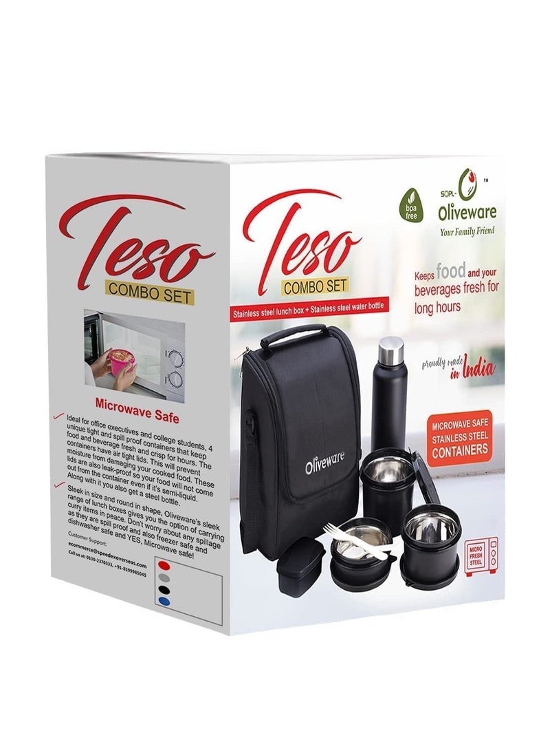 OLIVEWARE Teso Pro Lunch Box with Steel Cutlery,3 Microwave Safe Inner Steel Containers with Bpa Free Lids(290Ml,450Ml&600Ml) Plastic Pickle Box(130Ml) Steel Water Bottle(750Ml)-Black,600 ML