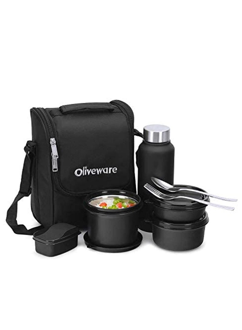 OLIVEWARE Teso Pro Lunch Box with Steel Cutlery,3 Microwave Safe Inner Steel Containers with Bpa Free Lids(290Ml,450Ml&600Ml) Plastic Pickle Box(130Ml) Steel Water Bottle(750Ml)-Black,600 ML