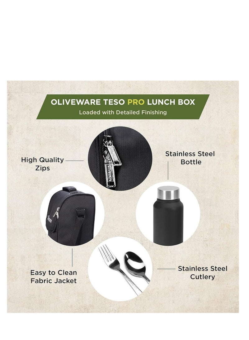 OLIVEWARE Teso Pro Lunch Box with Steel Cutlery,3 Microwave Safe Inner Steel Containers with Bpa Free Lids(290Ml,450Ml&600Ml) Plastic Pickle Box(130Ml) Steel Water Bottle(750Ml)-Black,600 ML