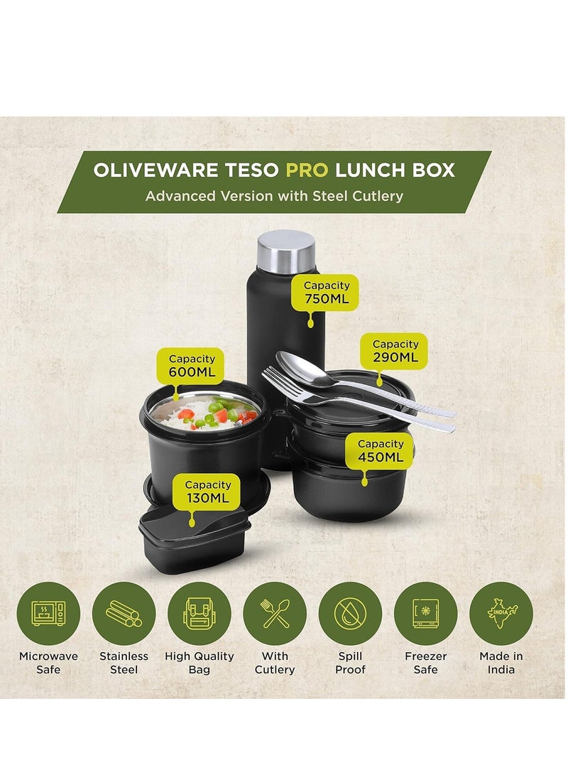 OLIVEWARE Teso Pro Lunch Box with Steel Cutlery,3 Microwave Safe Inner Steel Containers with Bpa Free Lids(290Ml,450Ml&600Ml) Plastic Pickle Box(130Ml) Steel Water Bottle(750Ml)-Black,600 ML