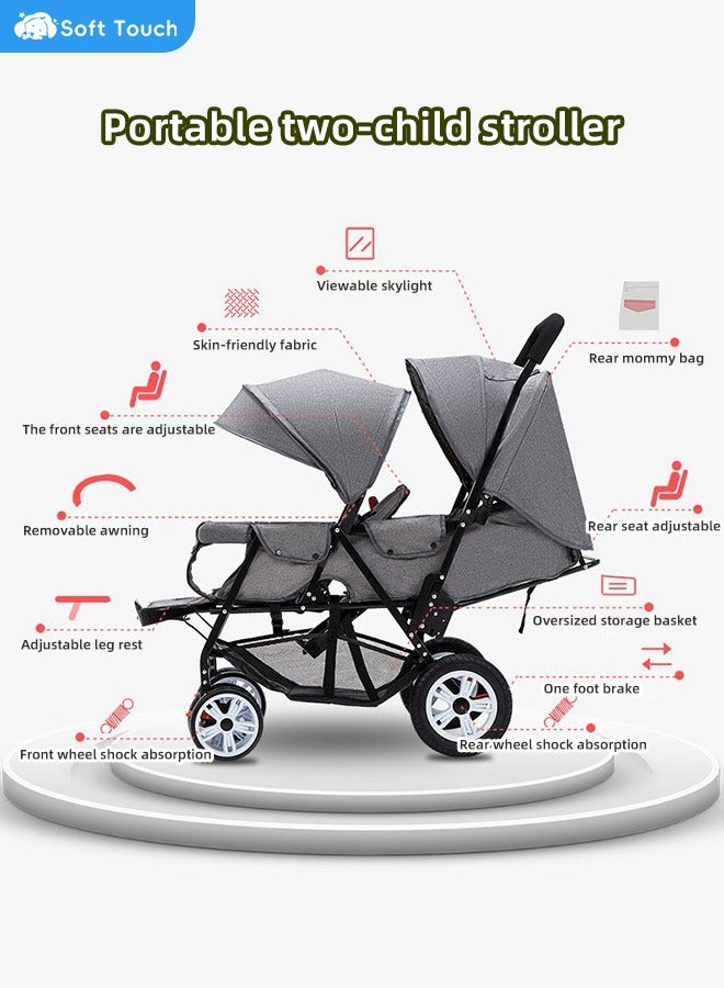 Baby Double Stroller Foldable Lightweight Twins Stroller with Tandem Seating with Adjustable Backrest and Footrest for Toddler