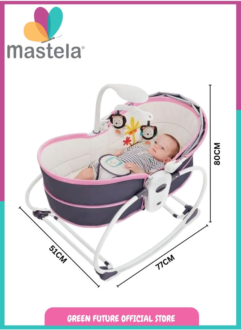 Baby Bassinet with Canopy - Portable Infant Rocking Cradle with Toy Bar and Soothing Vibration | 5-in-1 Foldable Baby Crib and Sleeper