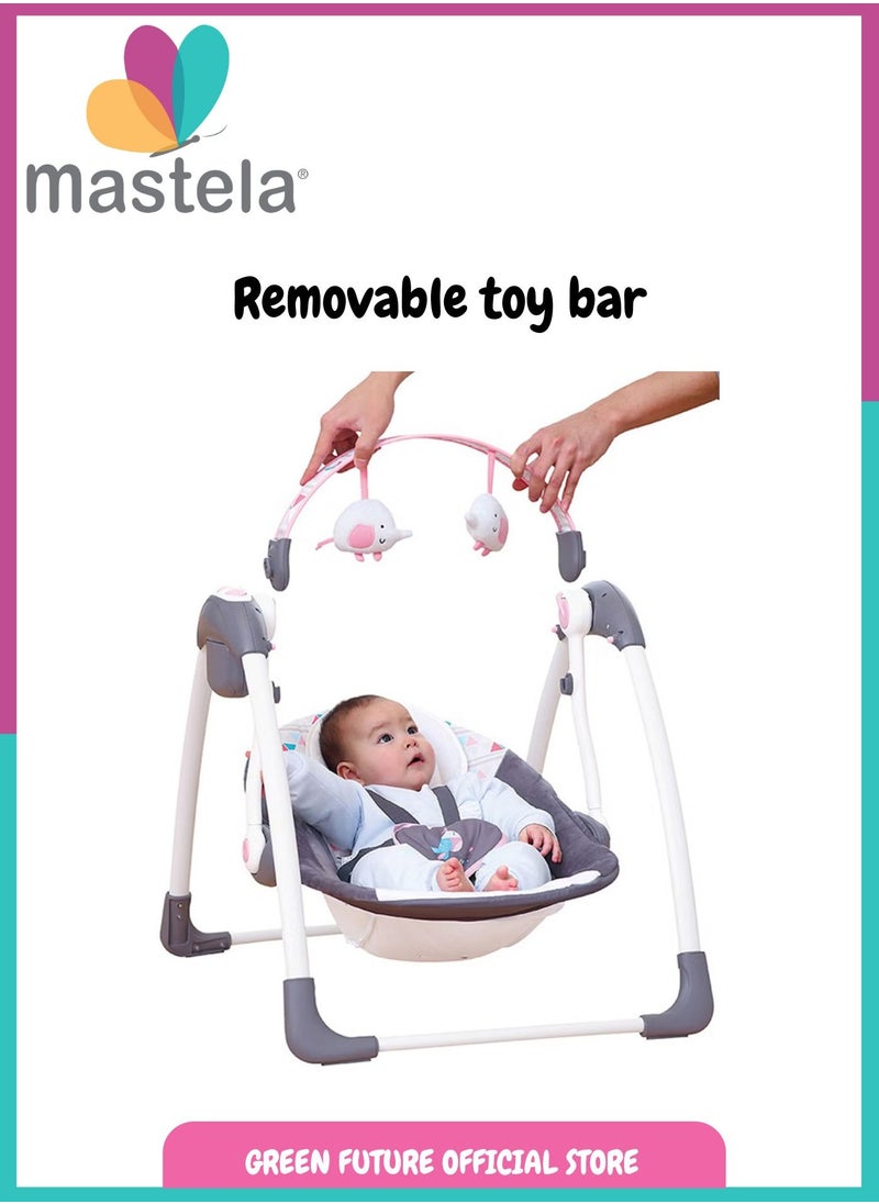 Baby Swing with Soothing Vibrations and 5-Speed Settings, Portable Compact Design with Soft Plush Seat, Safety Harness, and Detachable Toy Bar - Perfect for Soothing Infants - Pink