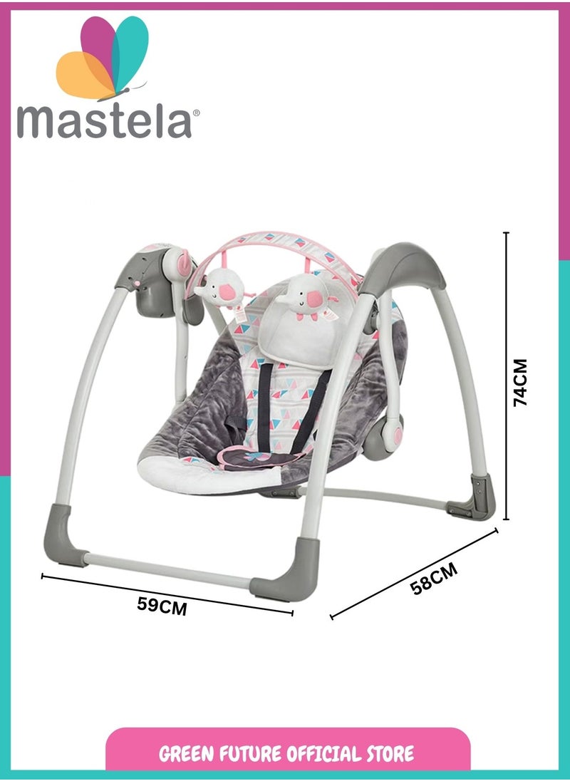 Baby Swing with Soothing Vibrations and 5-Speed Settings, Portable Compact Design with Soft Plush Seat, Safety Harness, and Detachable Toy Bar - Perfect for Soothing Infants - Pink