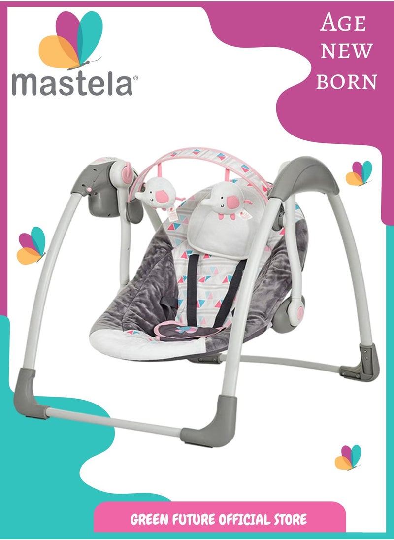 Baby Swing with Soothing Vibrations and 5-Speed Settings, Portable Compact Design with Soft Plush Seat, Safety Harness, and Detachable Toy Bar - Perfect for Soothing Infants - Pink