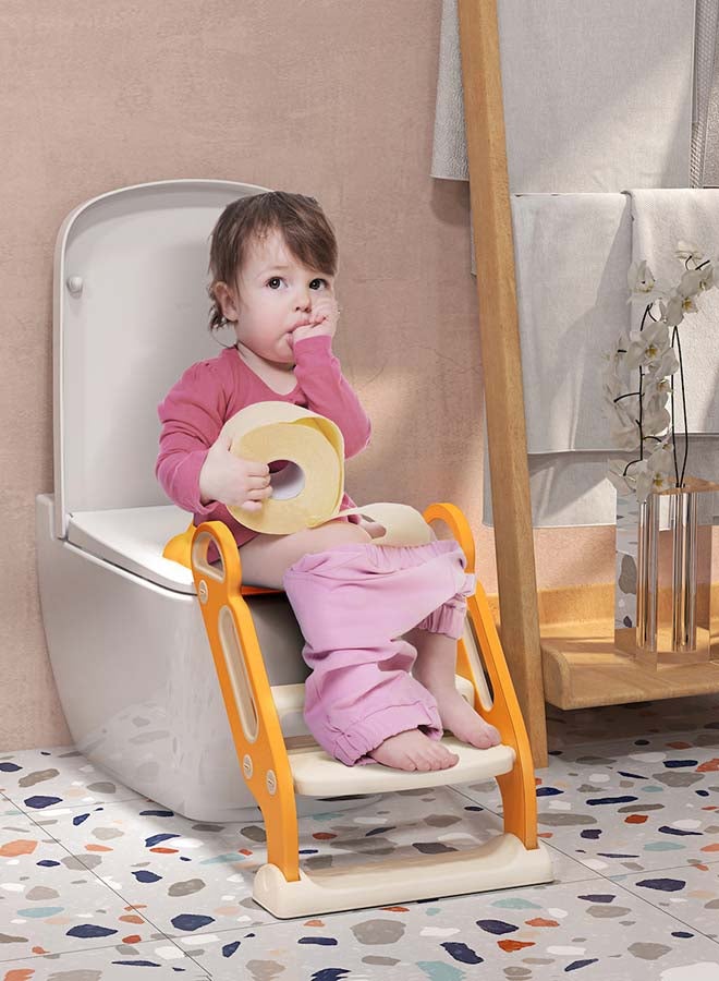 Potty Training Seat with Ladder - Safe and Comfortable Toddler Toilet Seat with Step Stool, Foldable, Non-Slip, Easy to Clean, Orange