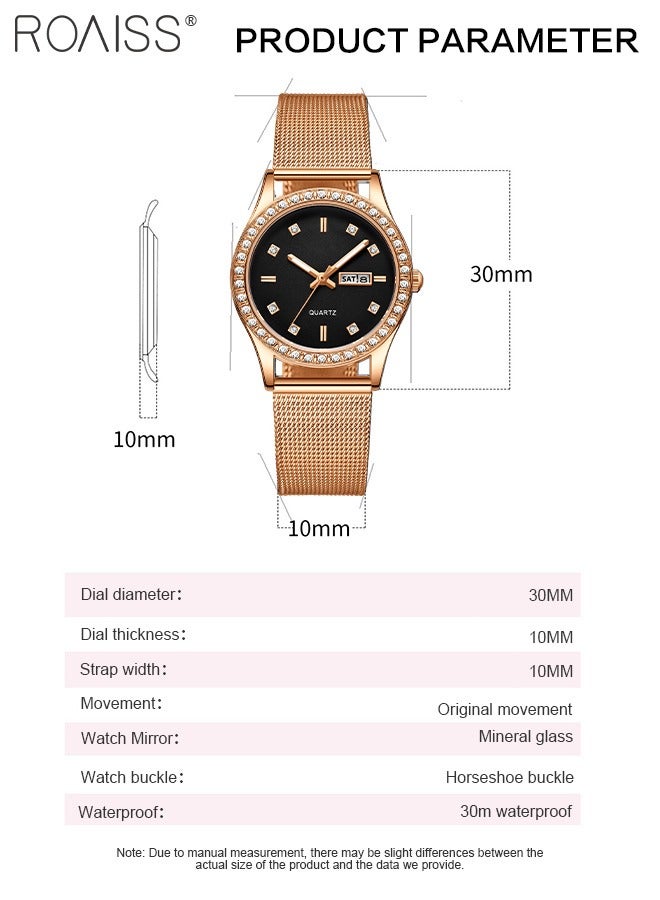 Women's Steel Mesh Strap Quartz Watch, Analog Display Round Dial with Dual Calendar, Luminous Waterproof Luxurious Wristwatch as Gift for Ladies