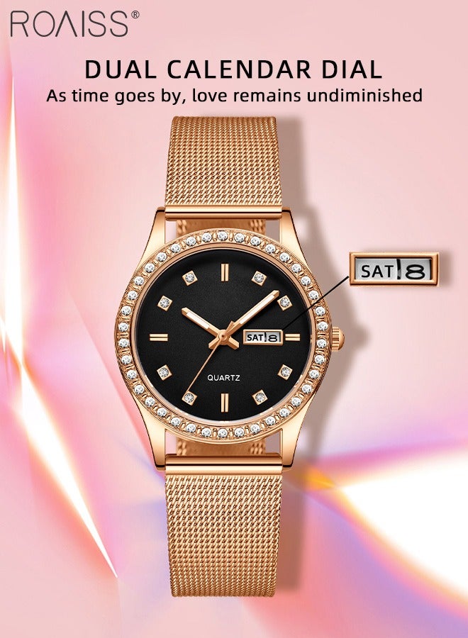 Women's Steel Mesh Strap Quartz Watch, Analog Display Round Dial with Dual Calendar, Luminous Waterproof Luxurious Wristwatch as Gift for Ladies