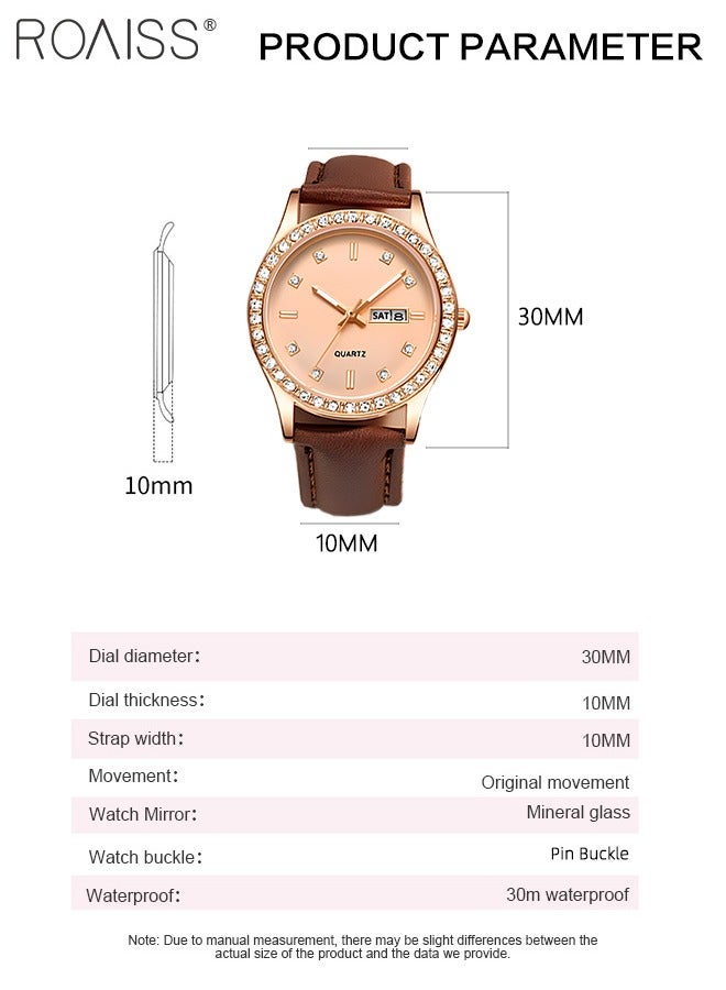 Women's Steel Leather Strap Quartz Watch, Analog Display Round Dial with Dual Calendar, Luminous Waterproof Luxurious Wristwatch as Gift for Ladies