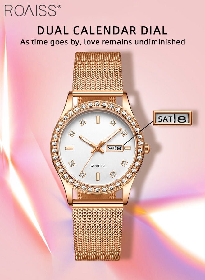 Women's Steel Mesh Strap Quartz Watch, Analog Display Round Dial with Dual Calendar, Luminous Waterproof Luxurious Wristwatch as Gift for Ladies