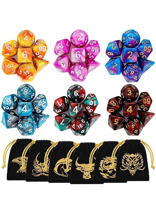 QMay DND Dice Sets  6 X 7 Polyhedral Dice 42pcs with 6 Drawstring Bags for Dungeons and Dragons RPG MTGRole Playing Table Game