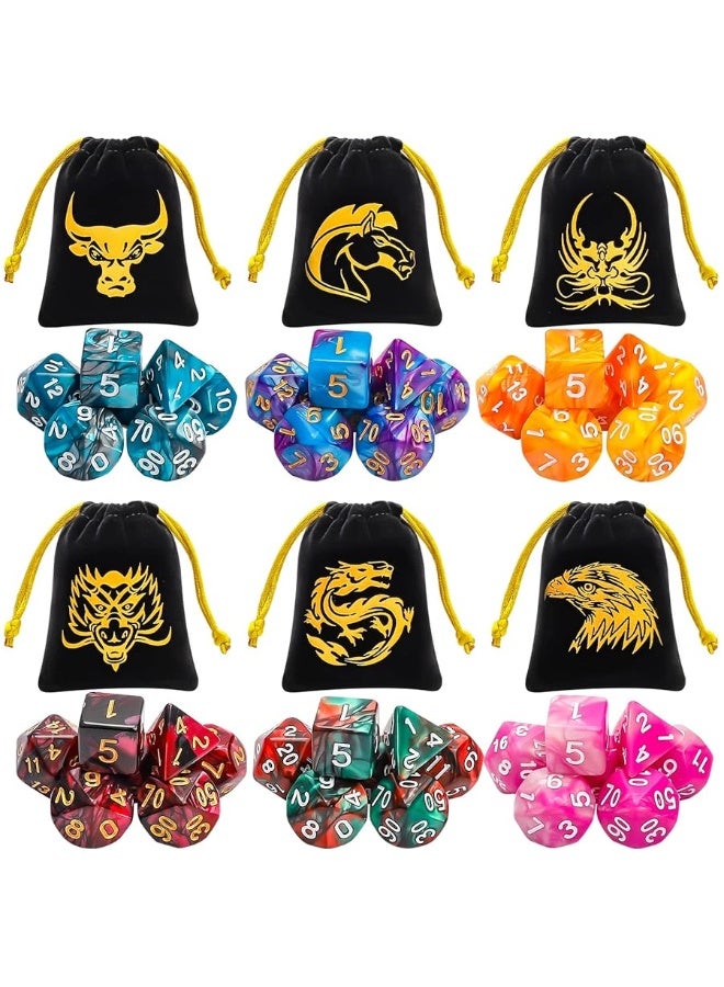 QMay DND Dice Sets  6 X 7 Polyhedral Dice 42pcs with 6 Drawstring Bags for Dungeons and Dragons RPG MTGRole Playing Table Game