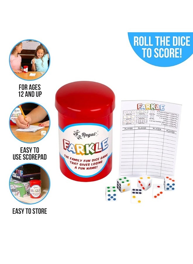 Regal Games - Farkle Classic Dice Game w/ 6 Colored Dice, 1 Convenient Dice Cup for Easy Shaking, and 25 Score Sheets - Fun Family Game for Travel, Camp, and More - Ideal for 2-4 Players (Ages 12+)