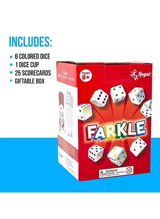 Regal Games - Farkle Classic Dice Game w/ 6 Colored Dice, 1 Convenient Dice Cup for Easy Shaking, and 25 Score Sheets - Fun Family Game for Travel, Camp, and More - Ideal for 2-4 Players (Ages 12+)