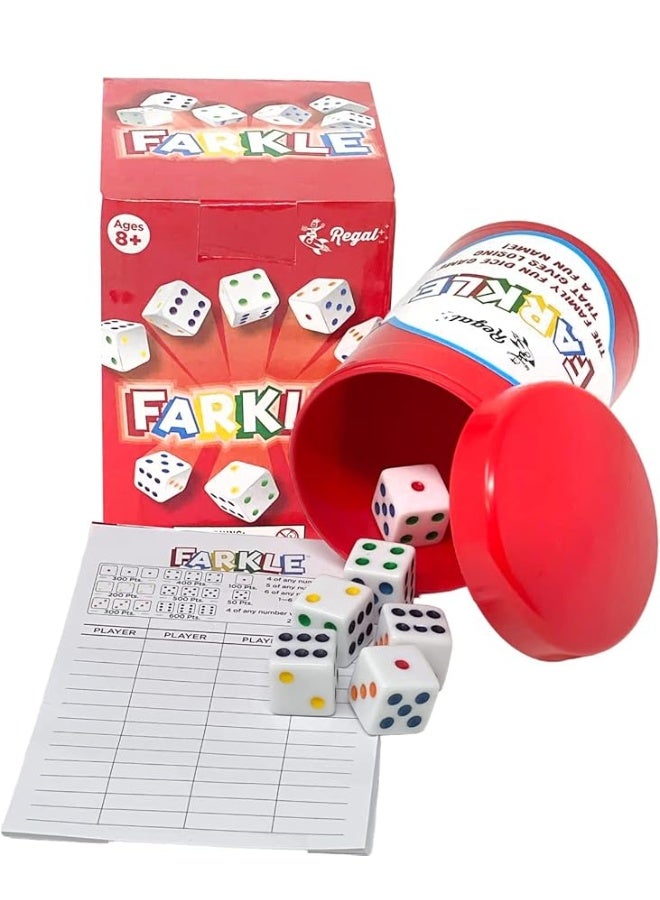 Regal Games - Farkle Classic Dice Game w/ 6 Colored Dice, 1 Convenient Dice Cup for Easy Shaking, and 25 Score Sheets - Fun Family Game for Travel, Camp, and More - Ideal for 2-4 Players (Ages 12+)