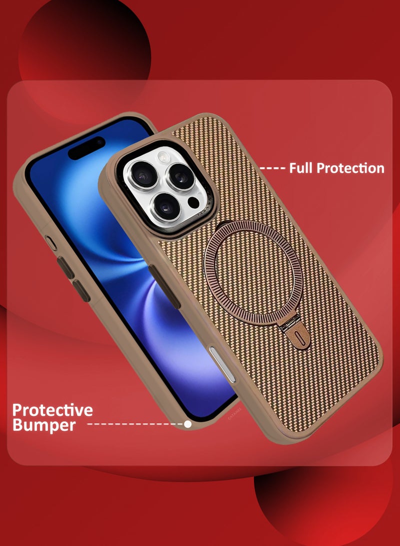 ( for iPhone 16 Pro ) 2 Pack, Case and Screen Protector, Carbon Fiber Texture, Metal Bracket, Magsafe Kickstand Case Cover - Beige