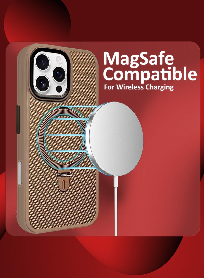 ( for iPhone 16 Pro ) 2 Pack, Case and Screen Protector, Carbon Fiber Texture, Metal Bracket, Magsafe Kickstand Case Cover - Beige