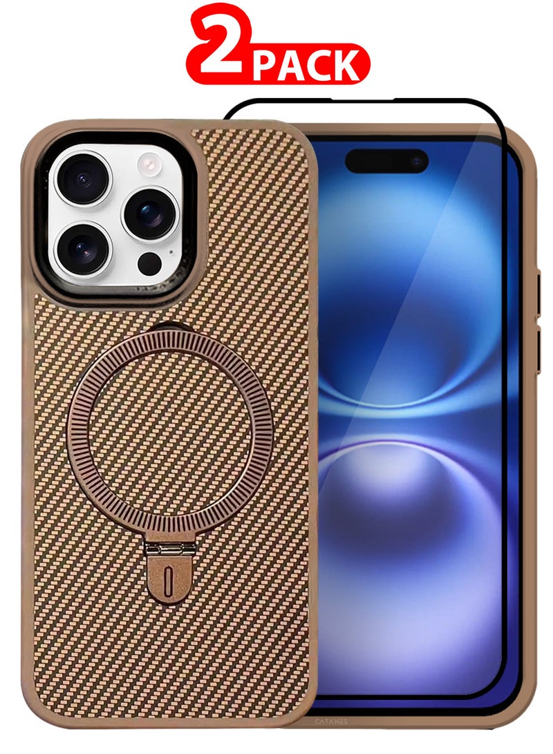 ( for iPhone 16 Pro ) 2 Pack, Case and Screen Protector, Carbon Fiber Texture, Metal Bracket, Magsafe Kickstand Case Cover - Beige