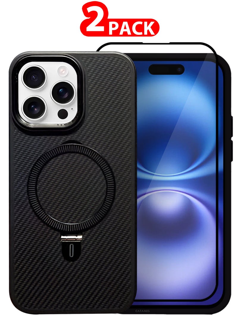 ( for iPhone 16 Pro ) 2 Pack, Case and Screen Protector, Carbon Fiber Texture, Metal Bracket, Magsafe Kickstand Case Cover - Black