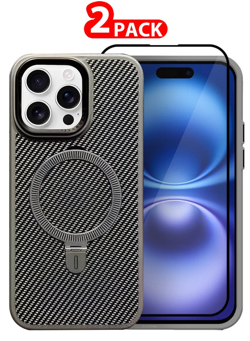 ( for iPhone 16 Pro ) 2 Pack, Case and Screen Protector, Carbon Fiber Texture, Metal Bracket, Magsafe Kickstand Case Cover - Grey