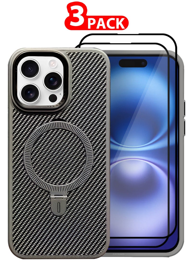 ( for iPhone 16 Pro ) 3 Pack, Case and 2 Screen Protectors, Carbon Fiber Texture, Metal Bracket, Magsafe Kickstand Case Cover - Grey