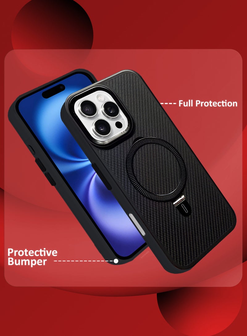 ( for iPhone 16 Pro ) Case, Carbon Fiber Texture, Metal Bracket, Magsafe Kickstand Case Cover - Black