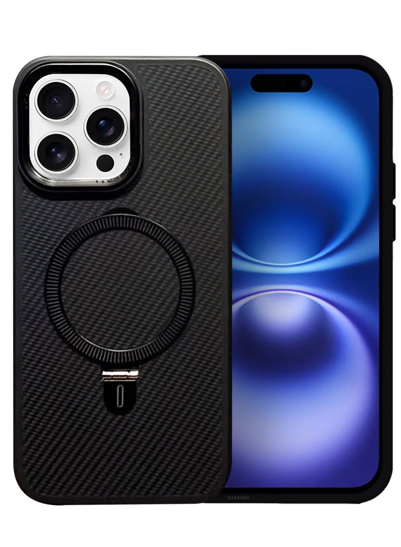( for iPhone 16 Pro ) Case, Carbon Fiber Texture, Metal Bracket, Magsafe Kickstand Case Cover - Black