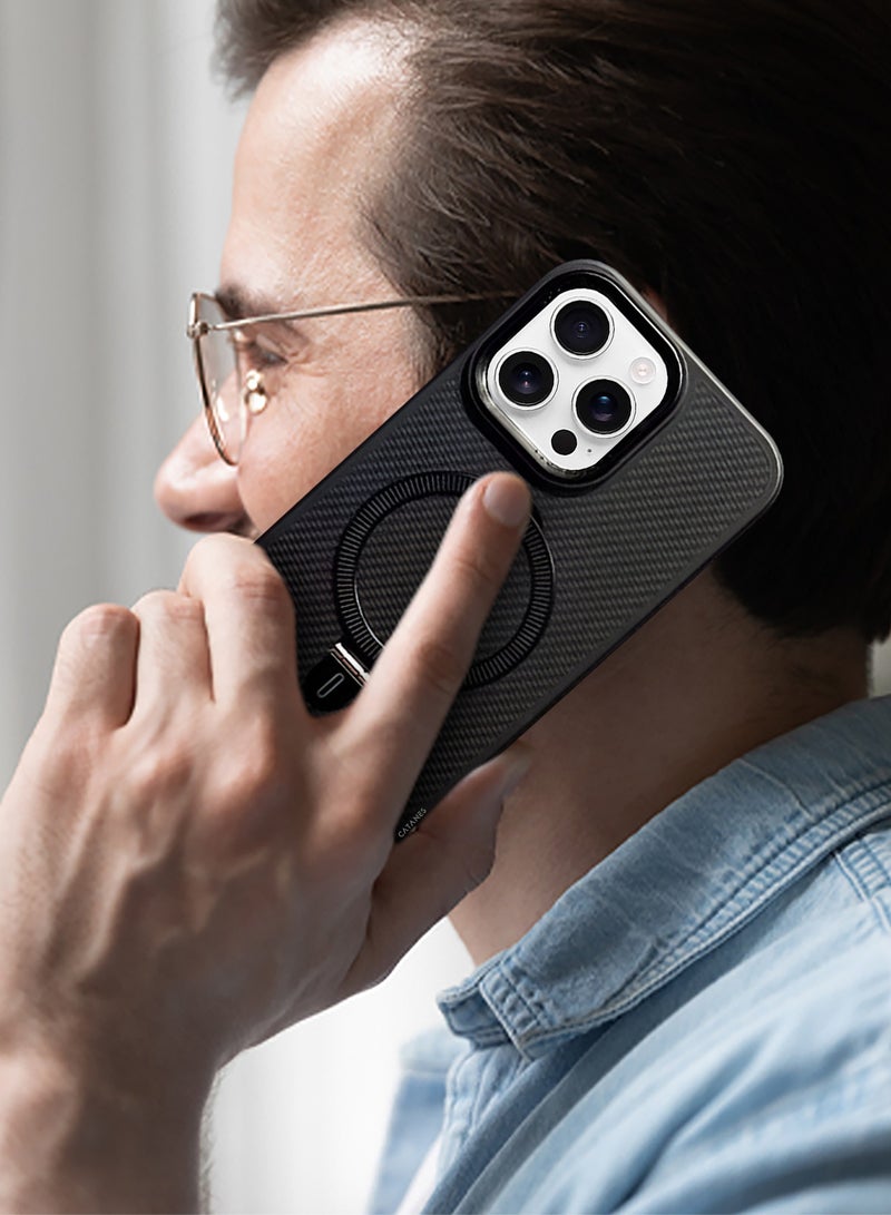 ( for iPhone 16 Pro ) Case, Carbon Fiber Texture, Metal Bracket, Magsafe Kickstand Case Cover - Black