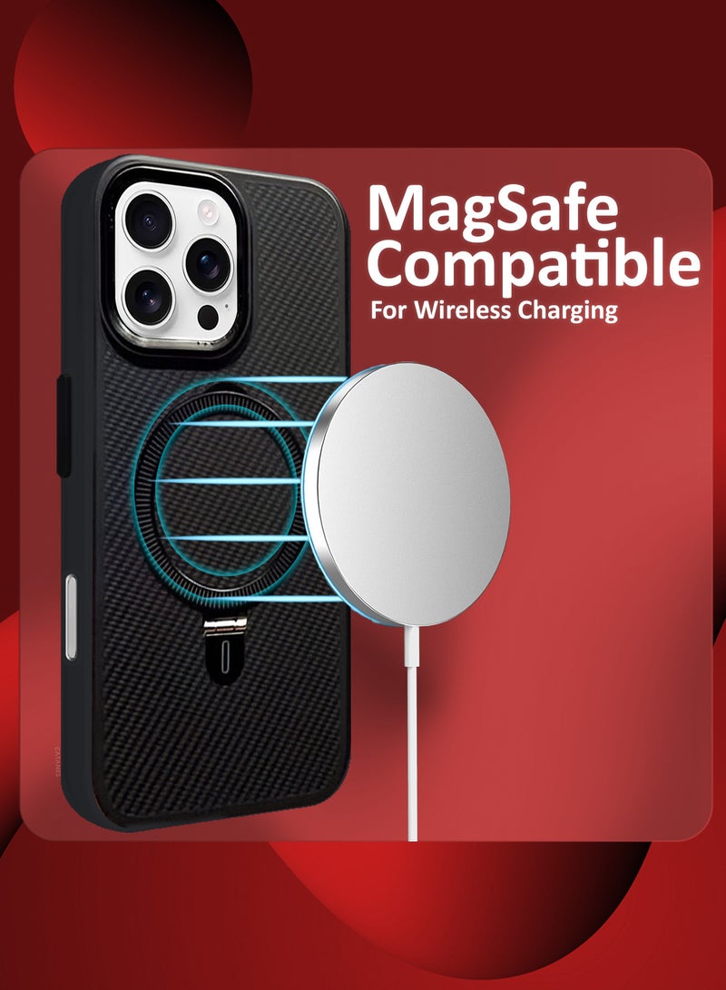 ( for iPhone 16 Pro ) Case, Carbon Fiber Texture, Metal Bracket, Magsafe Kickstand Case Cover - Black