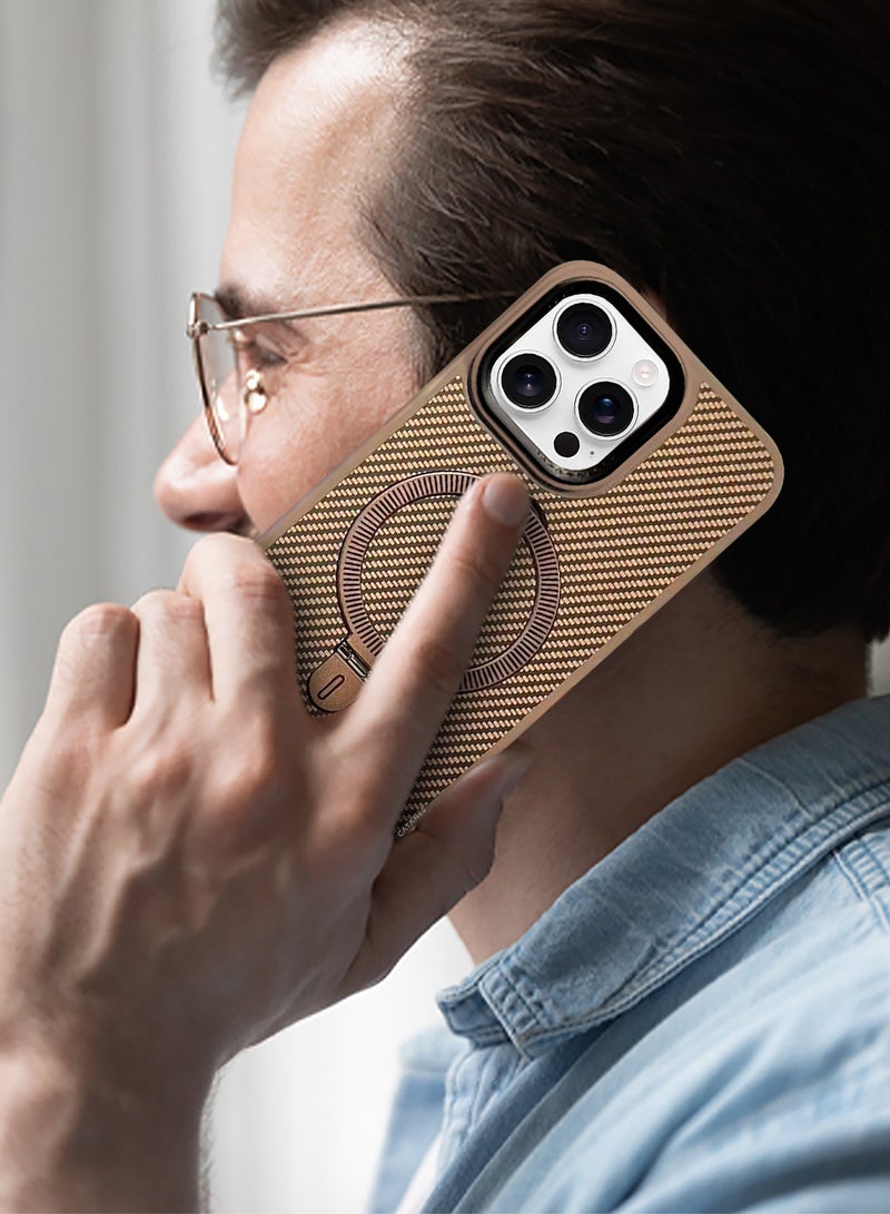 ( for iPhone 16 Pro ) Case, Carbon Fiber Texture, Metal Bracket, Magsafe Kickstand Case Cover - Beige