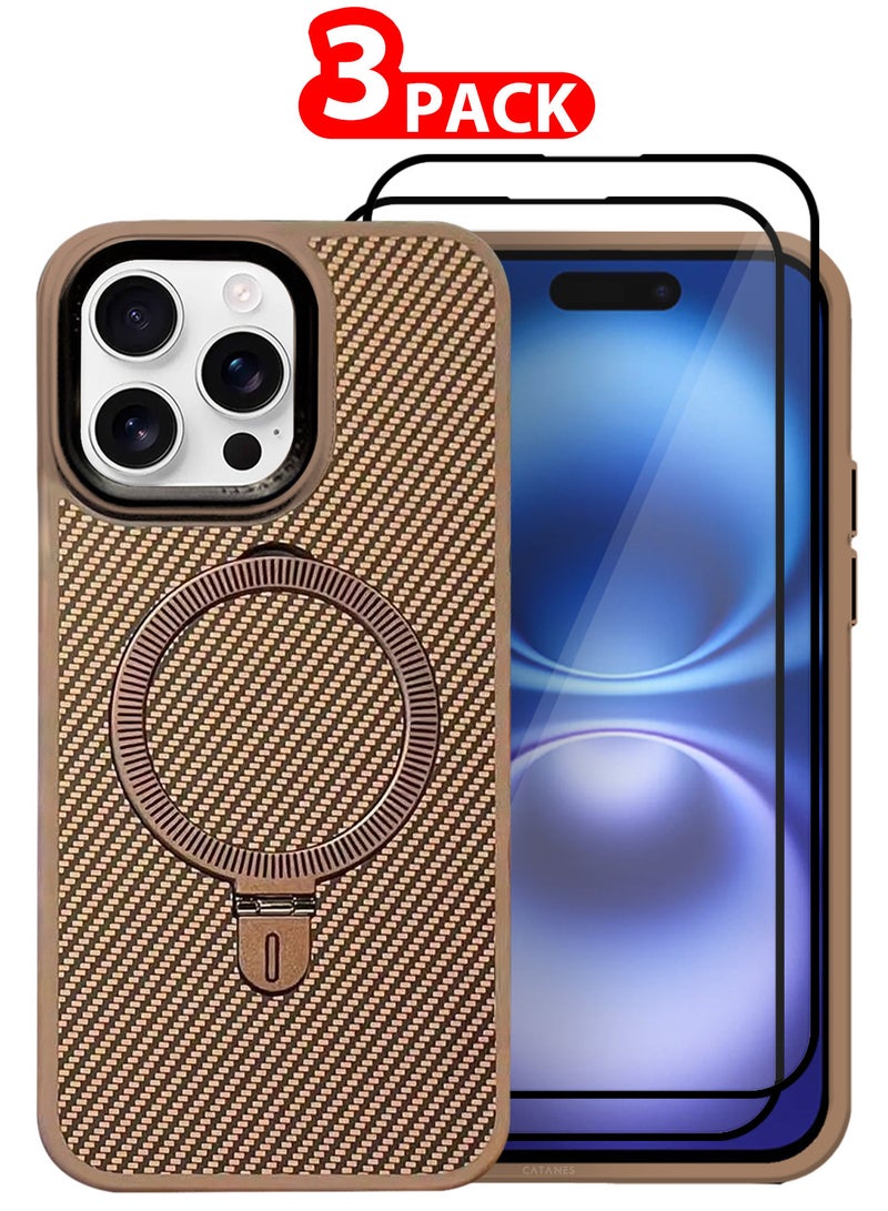 ( for iPhone 16 Pro ) 3 Pack, Case and 2 Screen Protectors, Carbon Fiber Texture, Metal Bracket, Magsafe Kickstand Case Cover - Beige