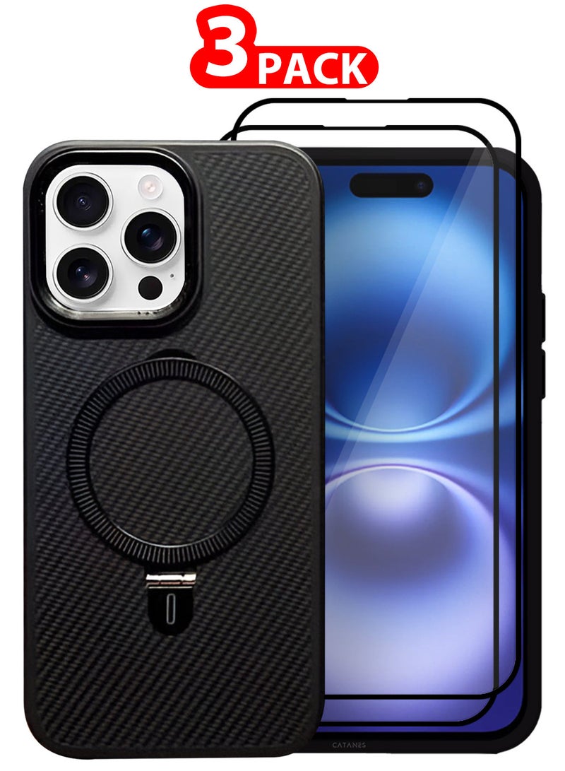 ( for iPhone 16 Pro ) 3 Pack, Case and 2 Screen Protectors, Carbon Fiber Texture, Metal Bracket, Magsafe Kickstand Case Cover - Black