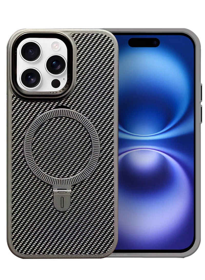 ( for iPhone 16 Pro ) Case, Carbon Fiber Texture, Metal Bracket, Magsafe Kickstand Case Cover - Grey