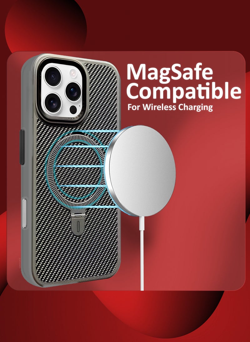 ( for iPhone 16 Pro ) Case, Carbon Fiber Texture, Metal Bracket, Magsafe Kickstand Case Cover - Grey