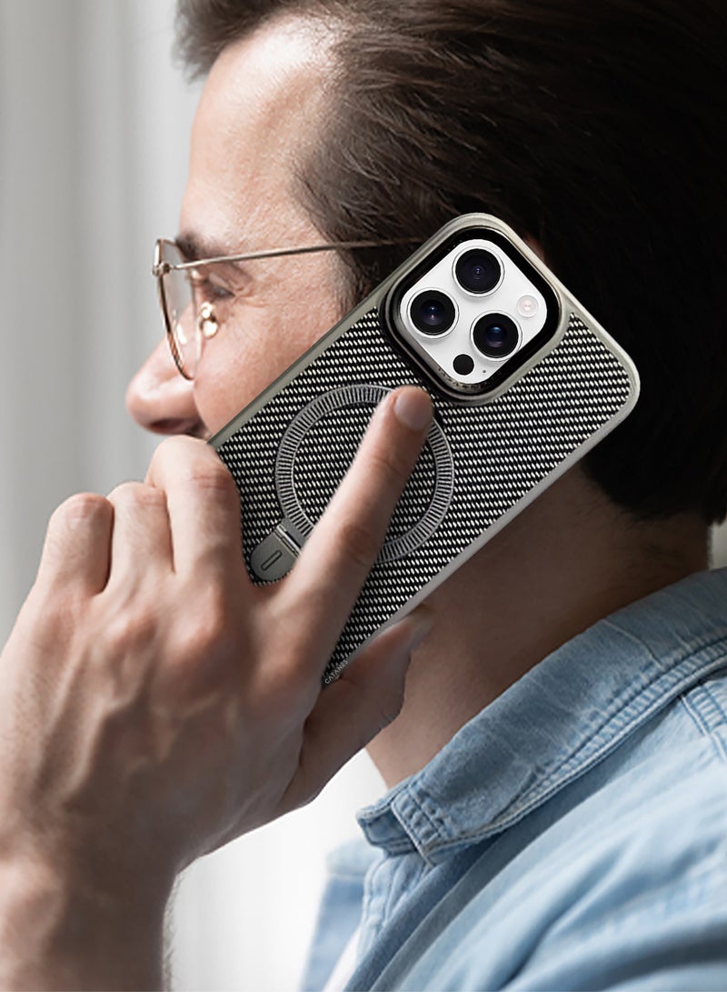 ( for iPhone 16 Pro ) Case, Carbon Fiber Texture, Metal Bracket, Magsafe Kickstand Case Cover - Grey