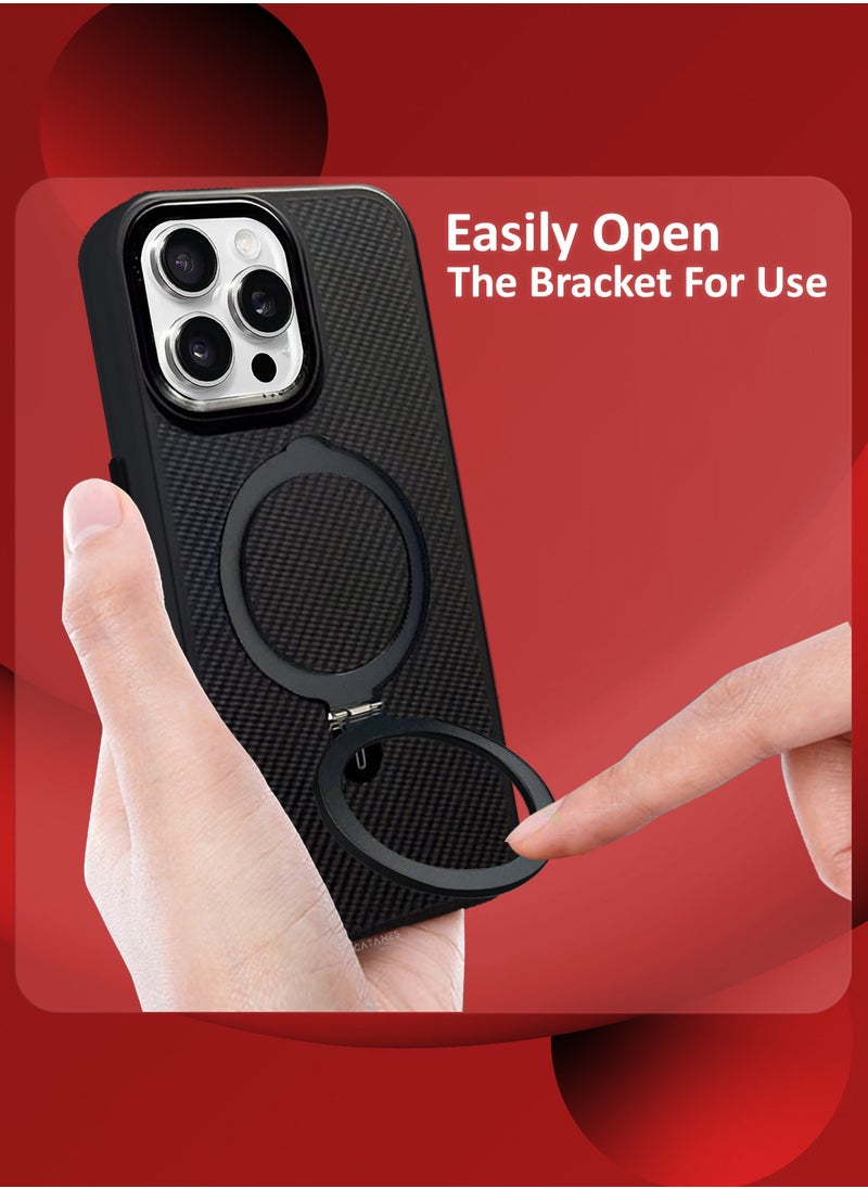 ( for iPhone 16 Pro Max ) Case, Carbon Fiber Texture, Metal Bracket, Magsafe Kickstand Case Cover - Black