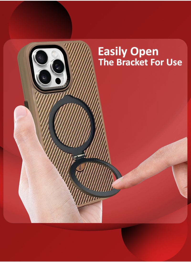 ( for iPhone 16 Pro Max ) Case, Carbon Fiber Texture, Metal Bracket, Magsafe Kickstand Case Cover - Beige