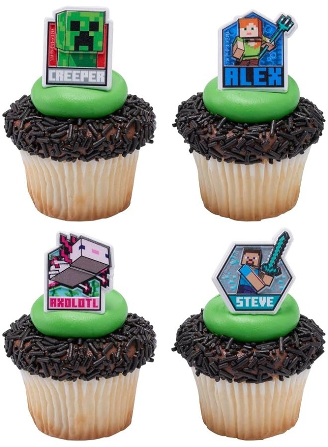 DecoPac Minecraft Lush Finds Rings, Cupcake Decorations Featuring Creeper, Alex, Steve and Axolotl! Multicolored 3D Food Safe Cake Toppers â€“ 24 Pack