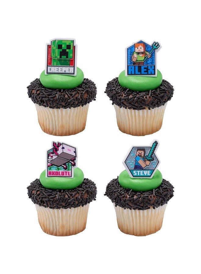 DecoPac Minecraft Lush Finds Rings, Cupcake Decorations Featuring Creeper, Alex, Steve and Axolotl! Multicolored 3D Food Safe Cake Toppers â€“ 24 Pack