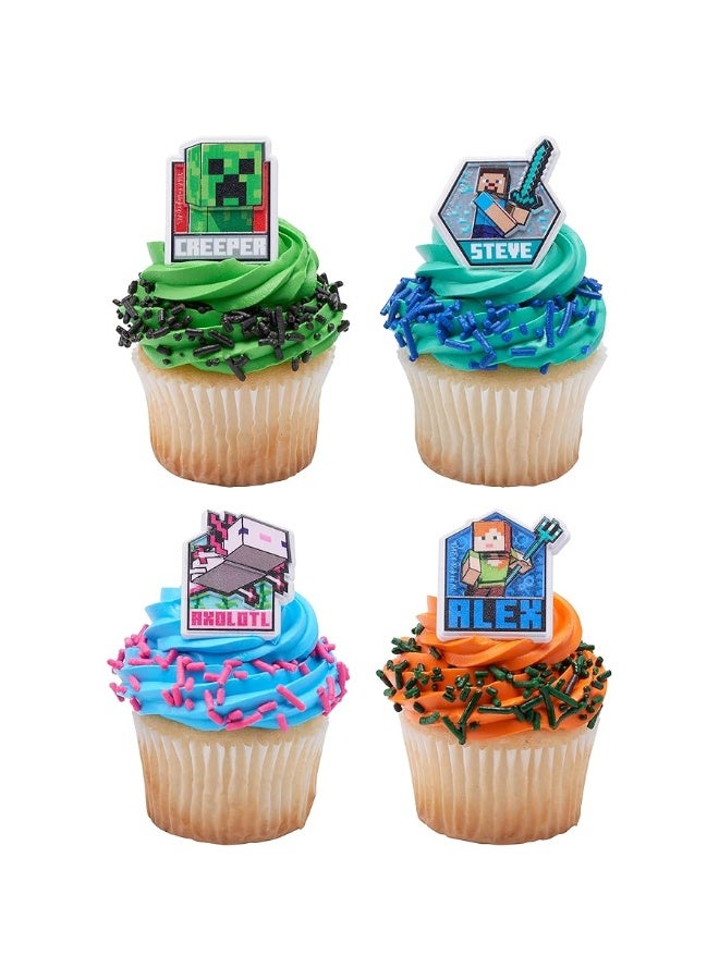DecoPac Minecraft Lush Finds Rings, Cupcake Decorations Featuring Creeper, Alex, Steve and Axolotl! Multicolored 3D Food Safe Cake Toppers â€“ 24 Pack