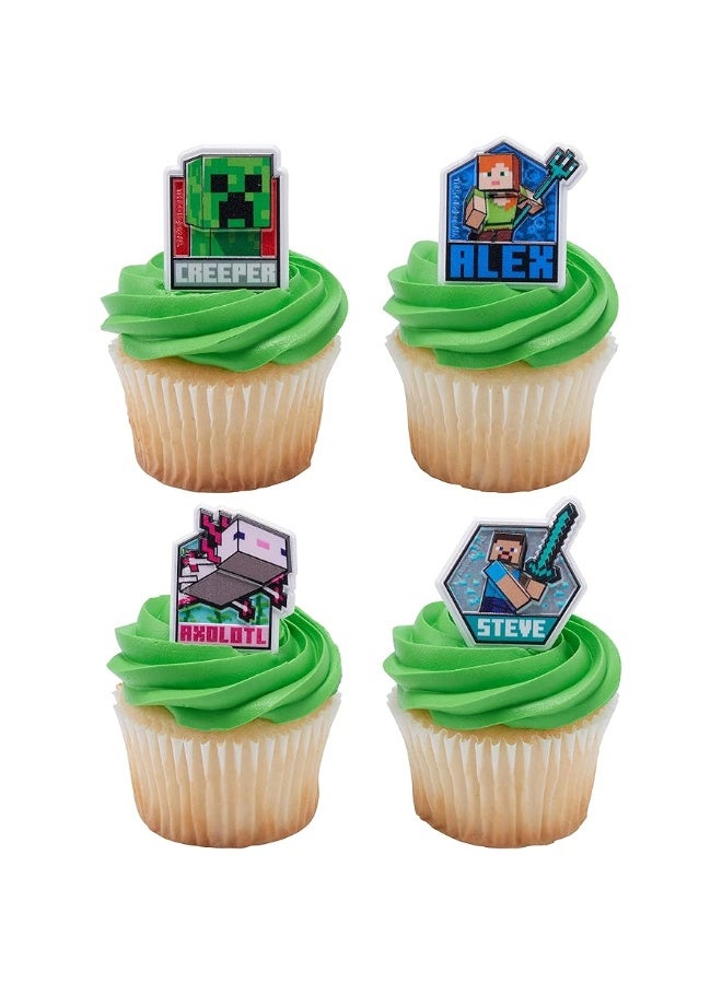 DecoPac Minecraft Lush Finds Rings, Cupcake Decorations Featuring Creeper, Alex, Steve and Axolotl! Multicolored 3D Food Safe Cake Toppers â€“ 24 Pack