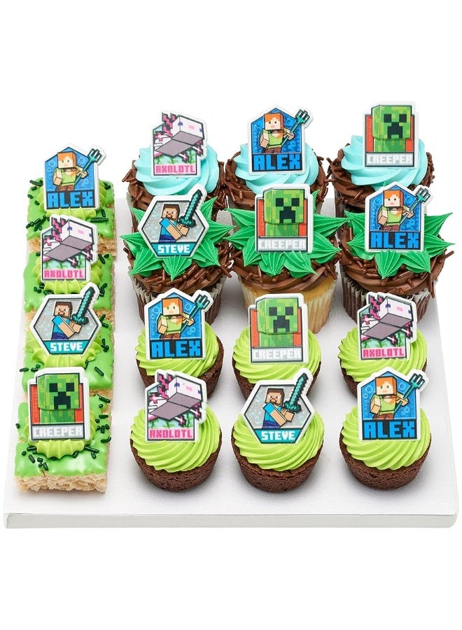 DecoPac Minecraft Lush Finds Rings, Cupcake Decorations Featuring Creeper, Alex, Steve and Axolotl! Multicolored 3D Food Safe Cake Toppers â€“ 24 Pack