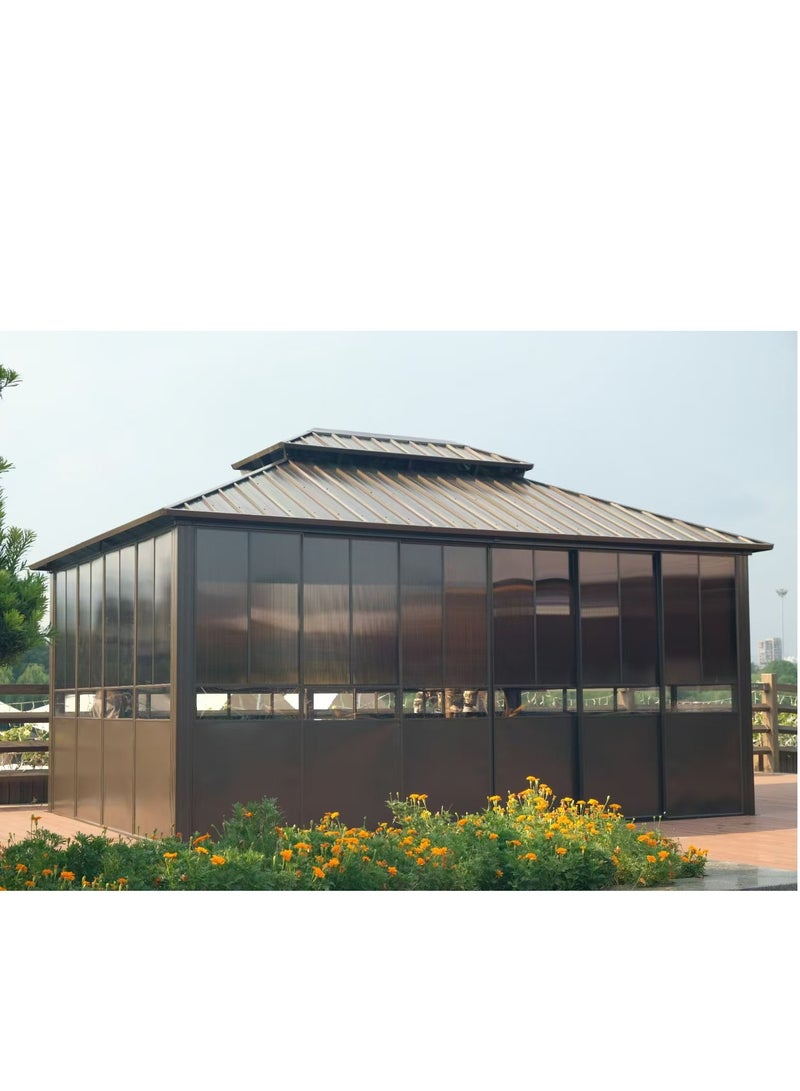 Double Hardtop Gazebo Outdoor Screen House Backyard Sun Room Aluminum Solarium with Sliding doors