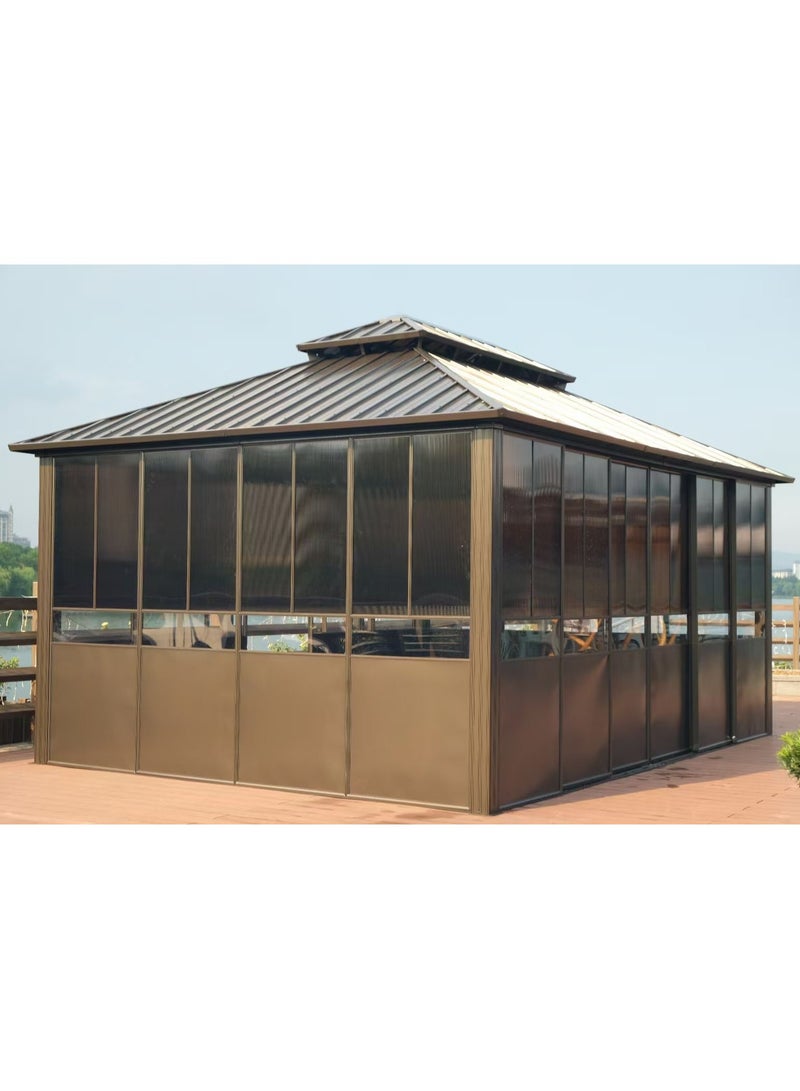 Double Hardtop Gazebo Outdoor Screen House Backyard Sun Room Aluminum Solarium with Sliding doors