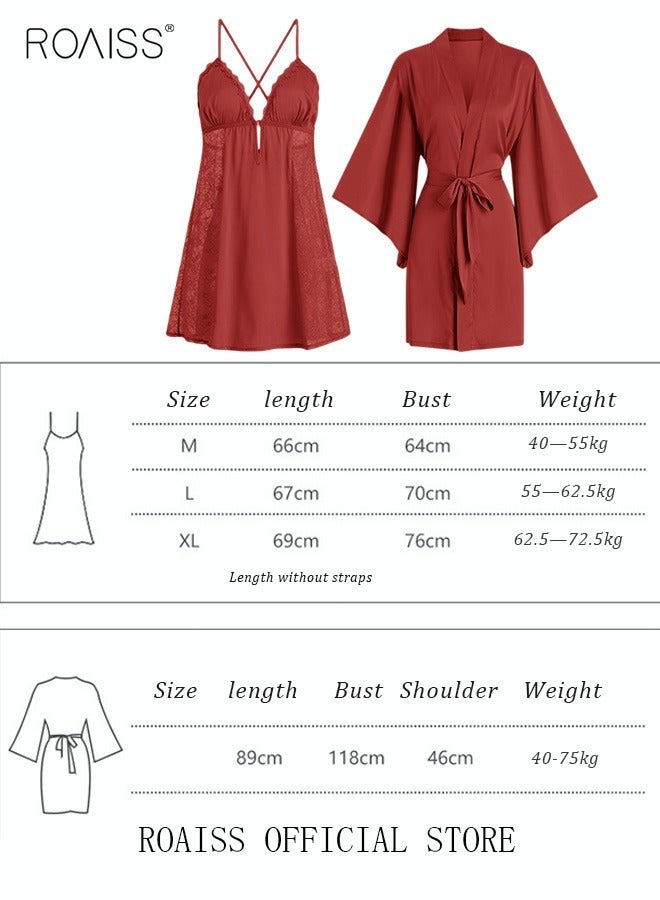 2 Piece Nightgown Set Women's Sweet Halter Nightdress Lace Lingerie Sleepwear Home Dress Set Romantic Elegant Pajama Ladies Spring Autumn Robe Loungewear